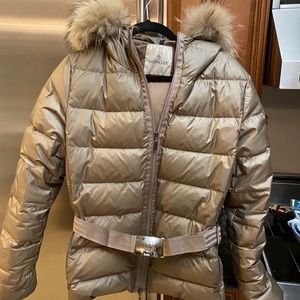 Moncler champagne color with raccoon trimmed hood